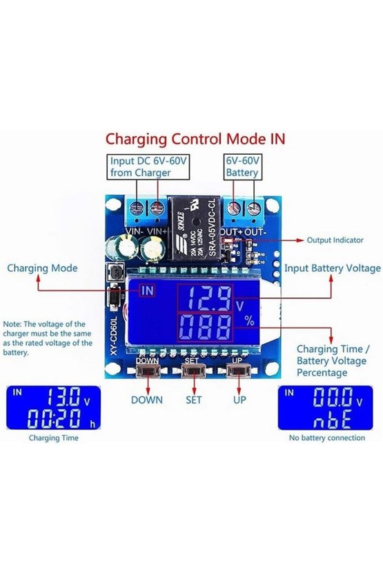 XY-CD60L 6V-60V Lcd Ekranlı Akü Batarya Şarj Ve Deşarj Kontrol Modülü Röleli