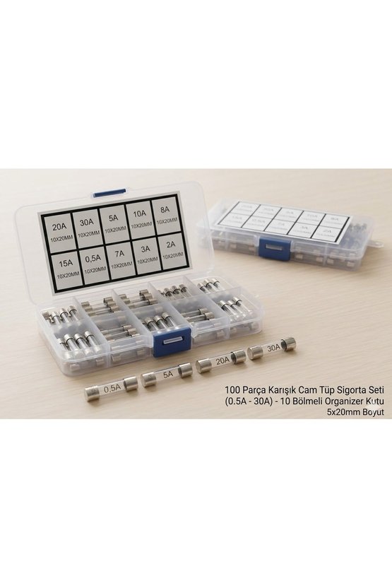 100 Parça 5x20mm Karışık Cam Tüp Sigorta Seti (0.5A - 30A) Organizer Kutulu Devre Koruyucu