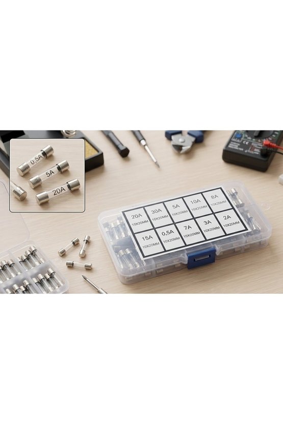 100 Parça 5x20mm Karışık Cam Tüp Sigorta Seti (0.5A - 30A) Organizer Kutulu Devre Koruyucu