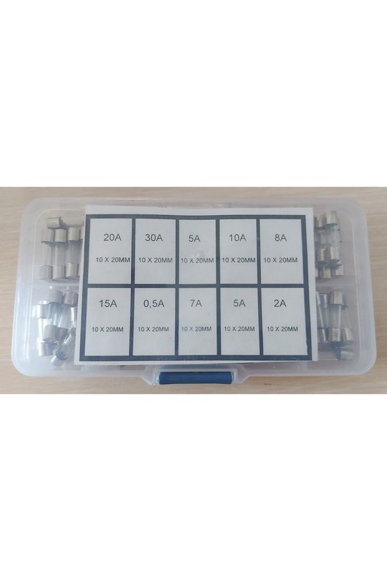 100 Parça 5x20mm Karışık Cam Tüp Sigorta Seti (0.5A - 30A) Organizer Kutulu Devre Koruyucu