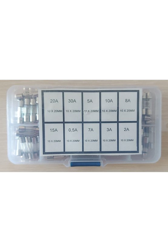 100 Parça 5x20mm Karışık Cam Tüp Sigorta Seti (0.5A - 30A) Organizer Kutulu Devre Koruyucu