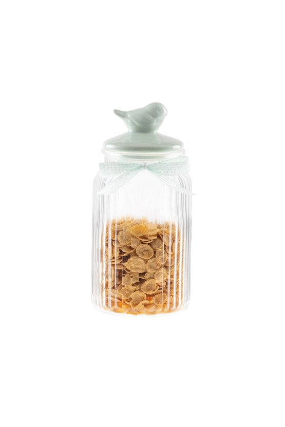 Kuşlu Kavanoz Silindir - Mint Yeşili - 1300 ml