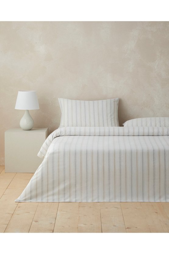 Glint Stripes İpliği Boyalı Çift Kişilik Çarşaflı Nevresim Takımı 200x220 cm Bej-Gri