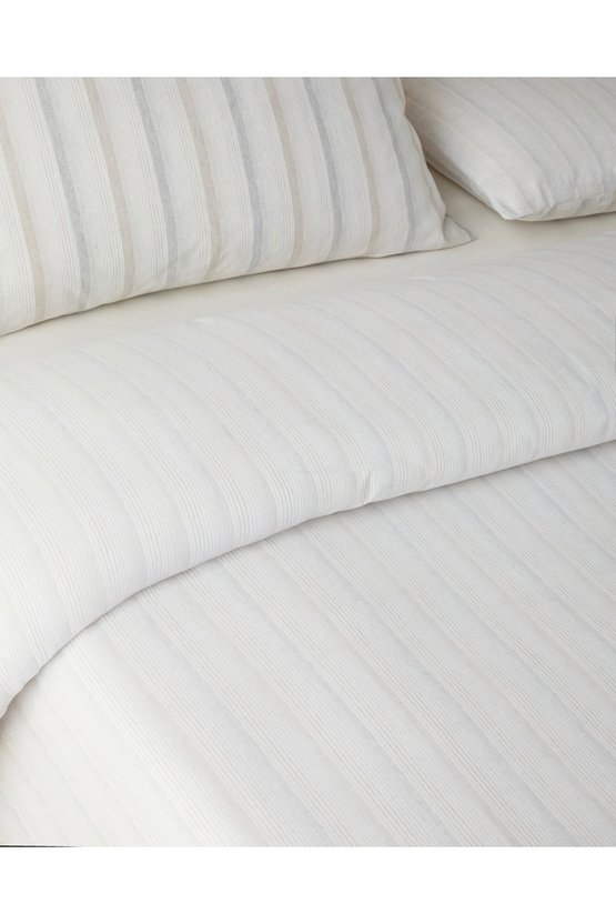 Glint Stripes İpliği Boyalı Çift Kişilik Çarşaflı Nevresim Takımı 200x220 cm Bej-Gri