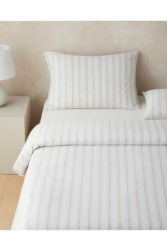 Glint Stripes İpliği Boyalı Çift Kişilik Çarşaflı Nevresim Takımı 200x220 cm Bej-Gri
