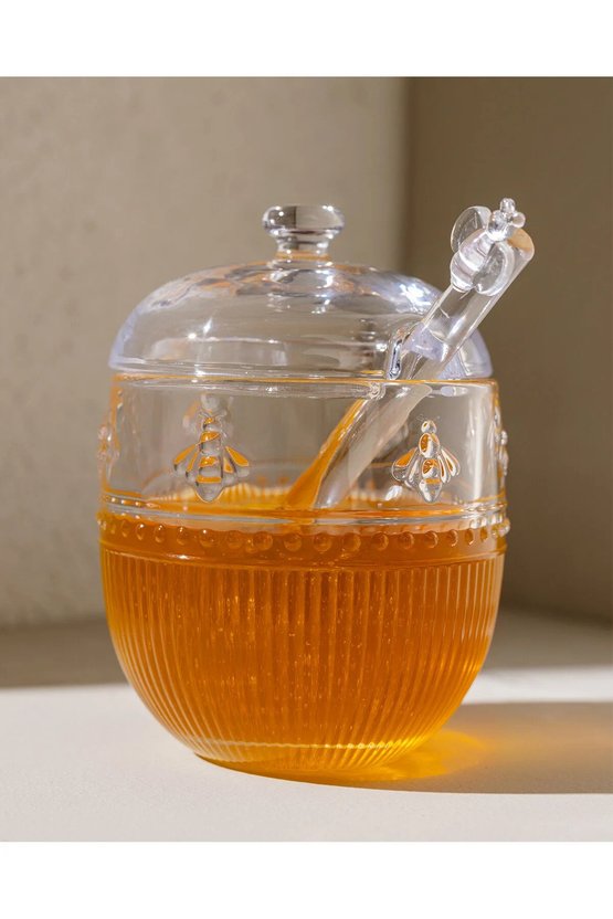 Abeille Kaşıklı Cam Bal Kavanozu - Şeffaf - 240 ml
