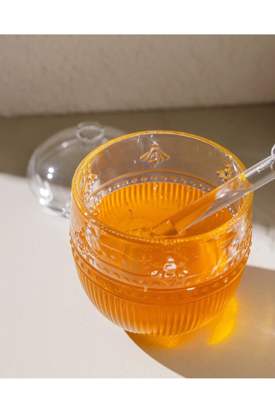 Abeille Kaşıklı Cam Bal Kavanozu - Şeffaf - 240 ml