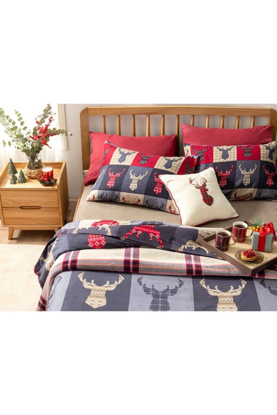 Patchy Deers Flanel Tek Kişilik Nevresim Takımı 160x220 Cm Koyu Mavi-yılbaşı Özel.