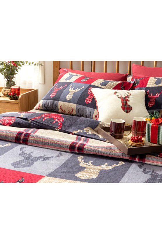 Patchy Deers Flanel Tek Kişilik Nevresim Takımı 160x220 Cm Koyu Mavi-yılbaşı Özel.