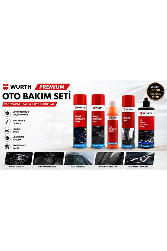 Premium Oto Bakım Seti 5li - Motor Temizleyici, Araç İçi Temizleyici, Silikon Sprey, Cam Sabunu ve AP30 Mumlu Cila