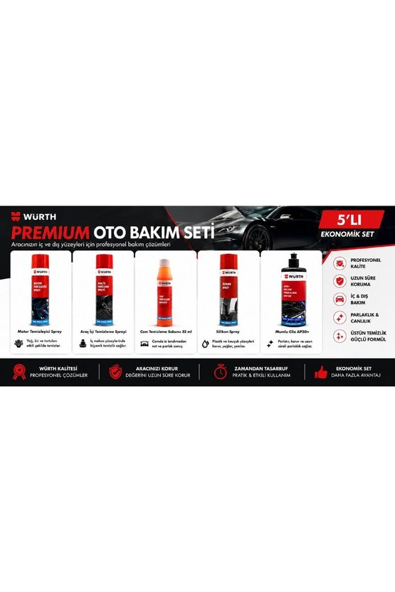Premium Oto Bakım Seti 5li - Motor Temizleyici, Araç İçi Temizleyici, Silikon Sprey, Cam Sabunu ve AP30 Mumlu Cila