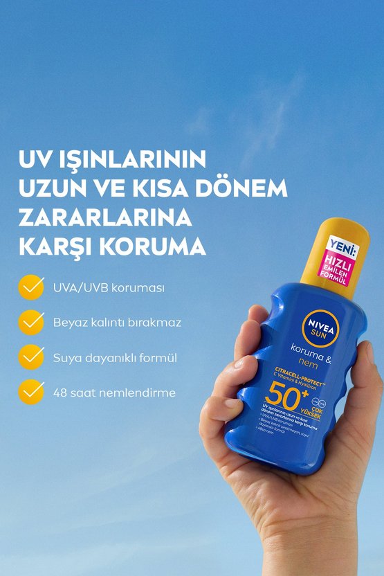SUN SPF50+ Yüksek Güneş Koruyucu ve Nemlendirici Sprey 200ml, Suya Dayanıklı, Yeni Nesil UV Filtresi