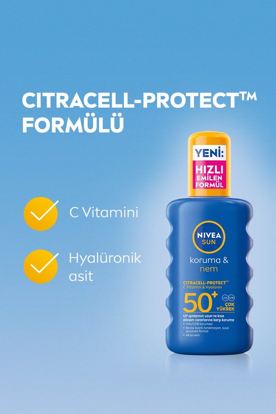SUN SPF50+ Yüksek Güneş Koruyucu ve Nemlendirici Sprey 200ml, Suya Dayanıklı, Yeni Nesil UV Filtresi