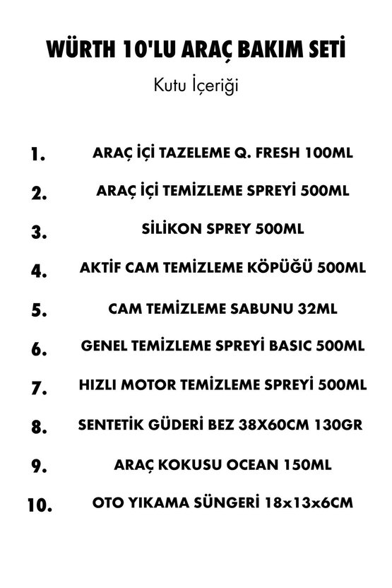 10 Parça Profesyonel Araç İçi ve Dışı Detaylı Temizlik Bakım Seti (Motor, Cam, Torpido, Koku)