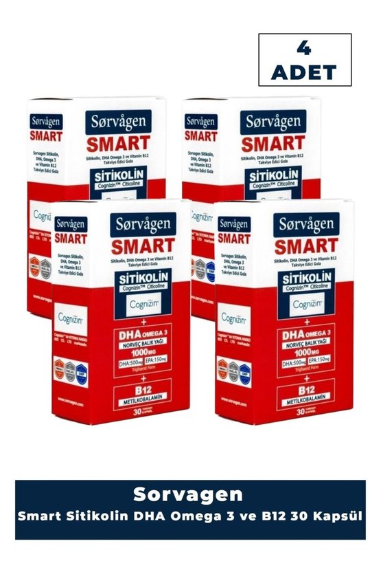 Smart 30 Kapsül ( Sitikolin Dha Omega 3 ve B12 Içeren Takviye Edici Gıda ) x 4 Adet