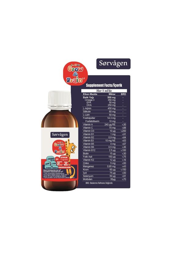 Grow&Brain L-arjinin, Sitikolin, Fosfatidilserin, DHA Omega 3, B12, L- lizin, Multi Vitamin