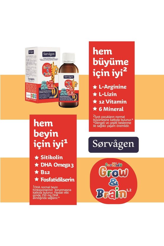 Grow&Brain L-arjinin, Sitikolin, Fosfatidilserin, DHA Omega 3, B12, L- lizin, Multi Vitamin