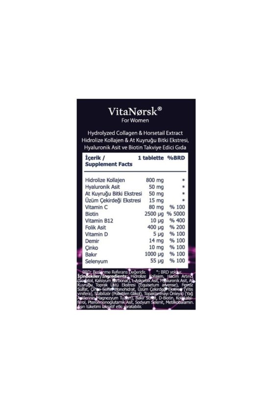 Kollajen  Tablet + Hyaluronik Asit + At Kuyruğu + Biotin + C Vitamini 45 Tablet X 2 Adet