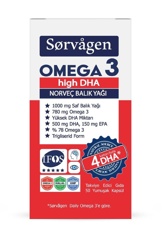 Omega 3 High DHA Saf Norveç Balık Yağı, 50 Kapsül, 1000 mg