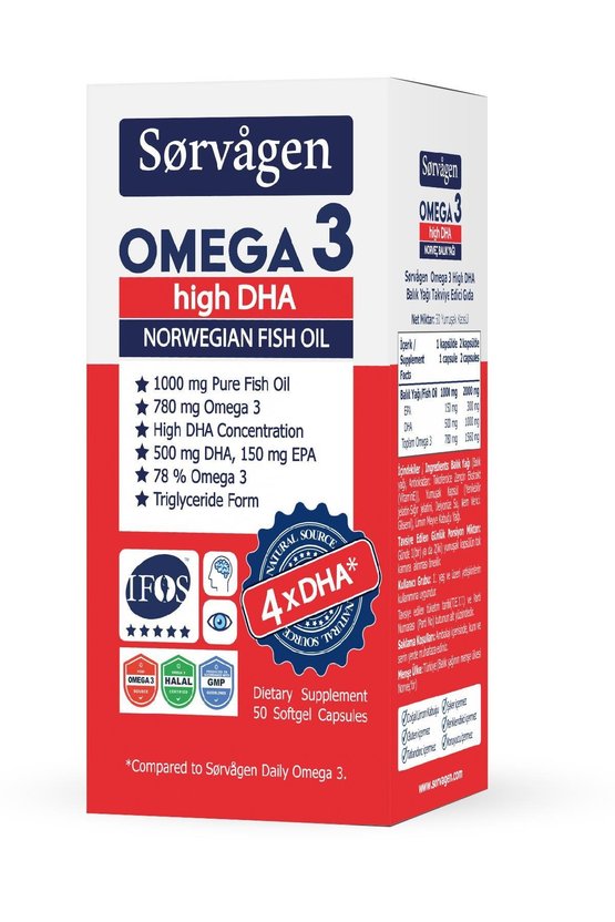 Omega 3 High DHA Saf Norveç Balık Yağı, 50 Kapsül, 1000 mg