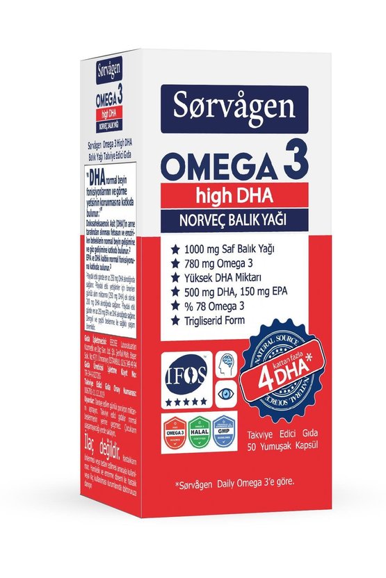 Omega 3 High DHA Saf Norveç Balık Yağı, 50 Kapsül, 1000 mg
