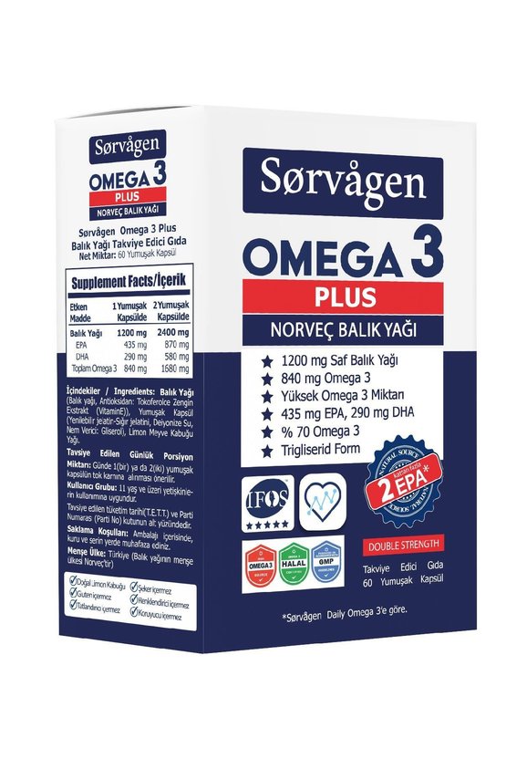 Omega 3 Plus Saf Norveç Balık Yağı, 60 Kapsül, 1200mg