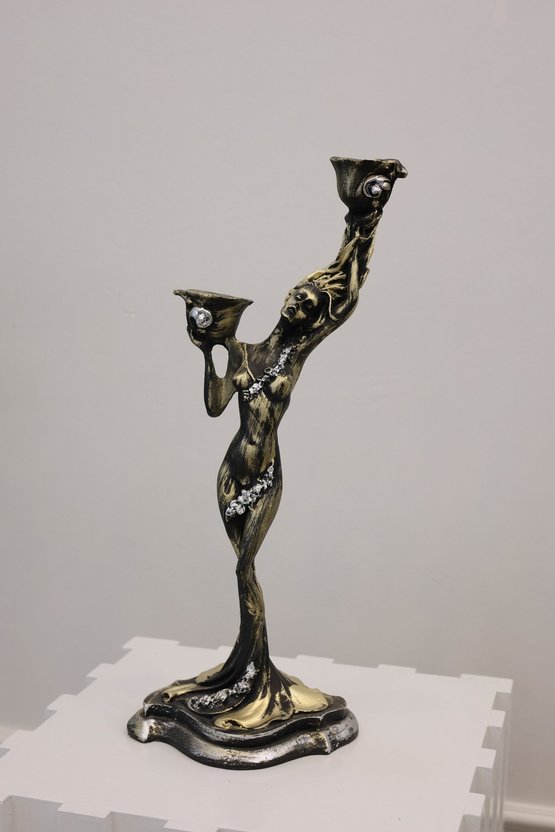 Dekoratif Büyük Boy Kadın Figürlü Şamdan Mumluk (40x17cm)