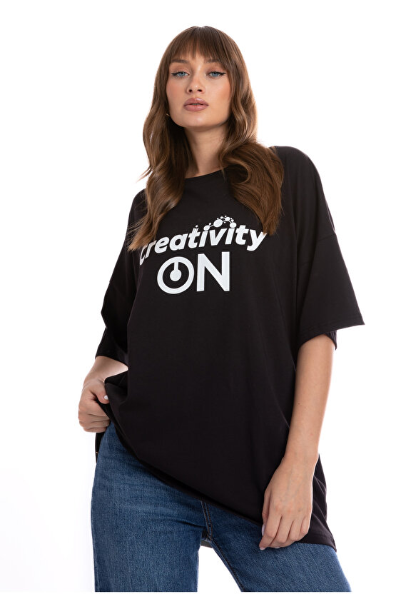 %100 Pamuk Siyah Unisex Oversize Kısa Kollu T-Shirt | Creativity On