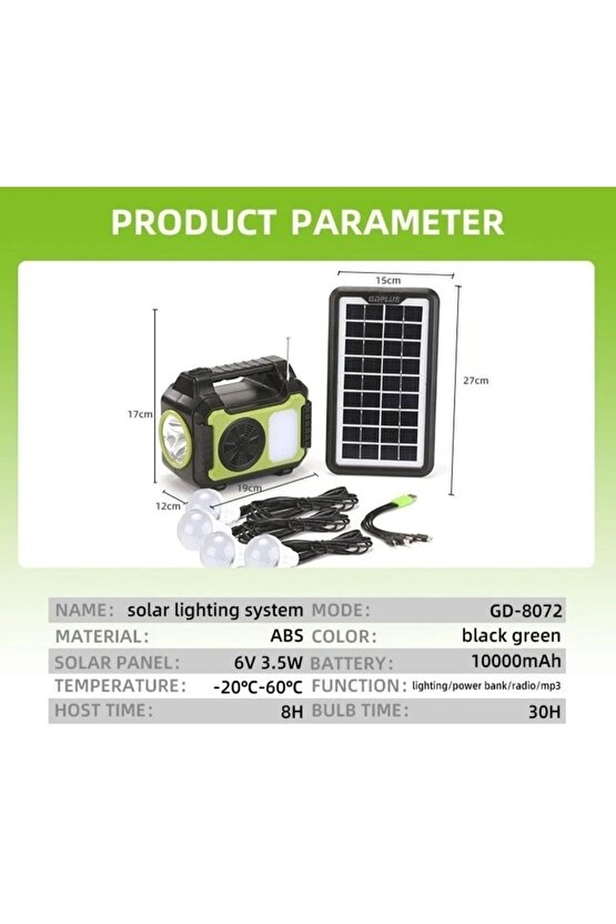 Güneş Enerji Panelli Solar Aydınlatma Sistemi Powerbank Kamp Doğa Balık Karavan Fener Fm Bluetoth