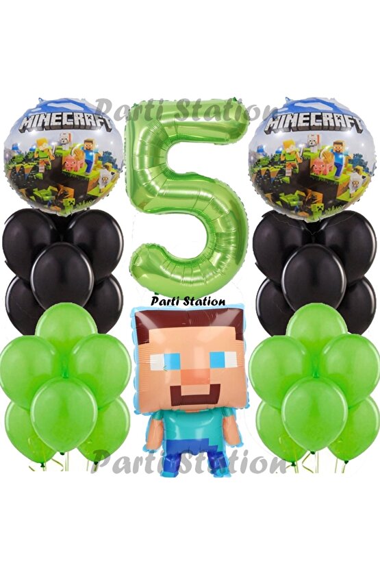 Yeşil Rakam Balonlu Minecraft Konsept Doğum Günü 5 Yaş Balon Set Minecraft Yeşil Siyah Balon Set
