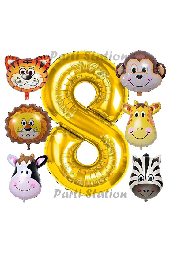 Altın Renk Rakam Balonlu Safari 8 Yaş Doğum Günü Parti Balon Set Safari Hayvanlar Tema Parti Set