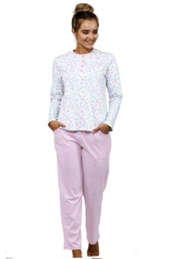 Kadın Pembe Desenli Çiçekli Pijama Takımı 7735