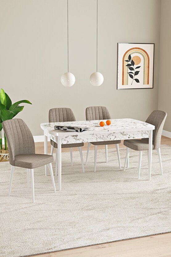 Elis Beyaz Mermer Desen 80x132 Açılabilir Yemek Odası Takımı 4 Adet Sandalye