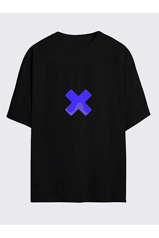 X Baskılı Tasarım Oversize Siyah Tshirt