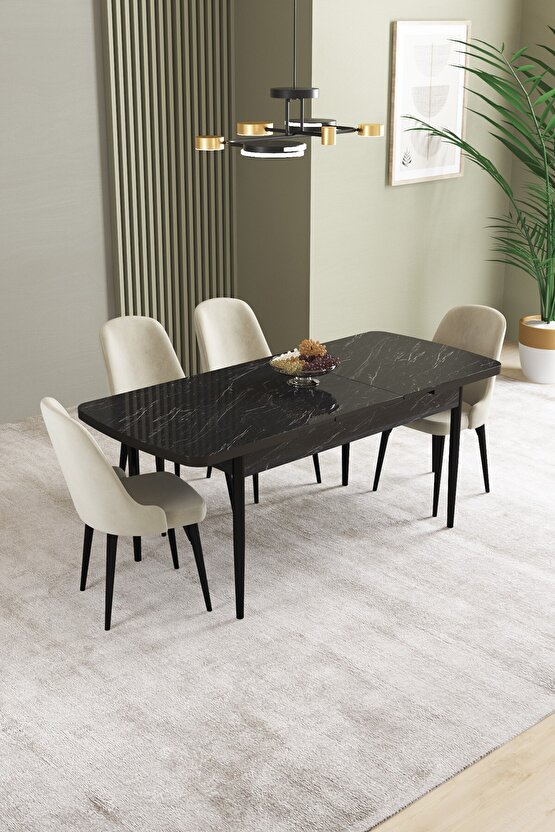 Ikon Siyah Mermer Desen 80x132 Mdf Açılabilir Yemek Masası Takımı 4 Adet Sandalye