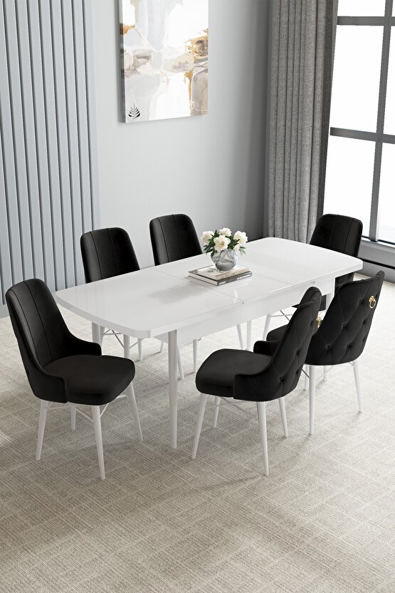 Loft Beyaz 80x132 Açılabilir Mutfak Masası Takımı 6 Adet Sandalye