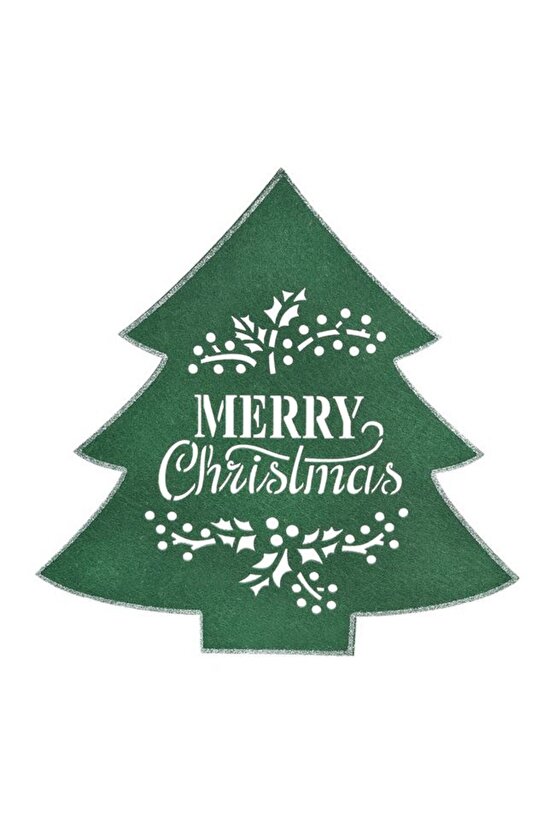 1 adet Yeşil Keçeden Ağaç Şeklinde Merry Christmas Yazılı Simli Noel Suplası & Amerikan Ser