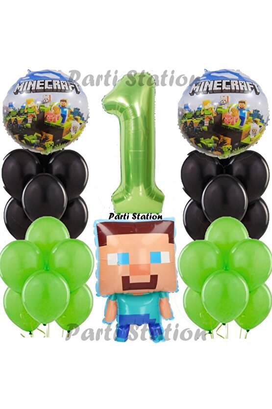 Yeşil Rakam Balonlu Minecraft Konsept Doğum Günü 1 Yaş Balon Set Minecraft Yeşil Siyah Balon Set