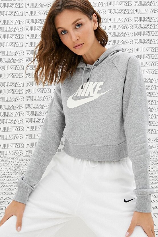 Sportswear Futura Essential Fleece Crop Hoodie Kapüşonlu Gri Kadın Kısa Sweatshirt