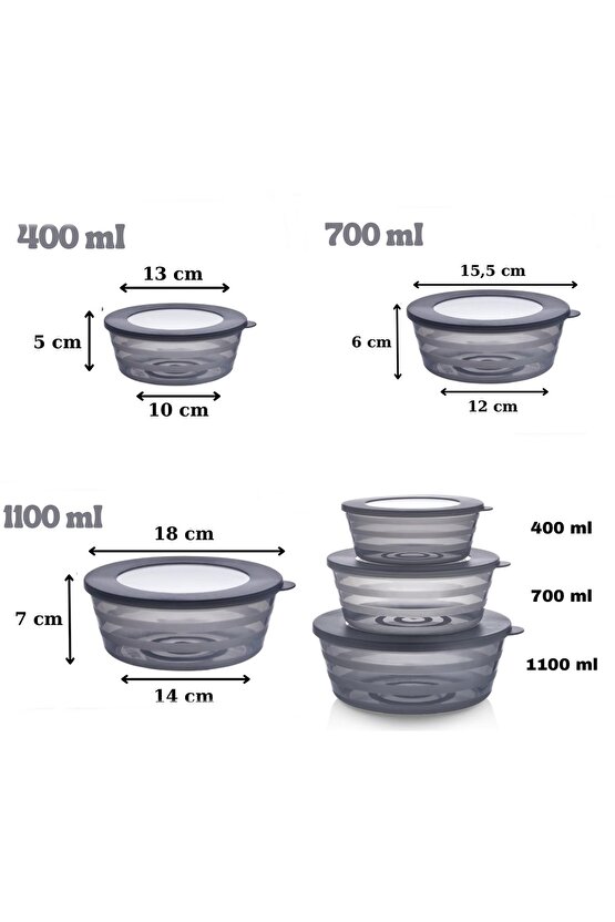 Saklama Kabı 3lü Set Füme Saklama Kabı Seti & Yuvarlak Saklama Kabı Seti (4007001100 ml)