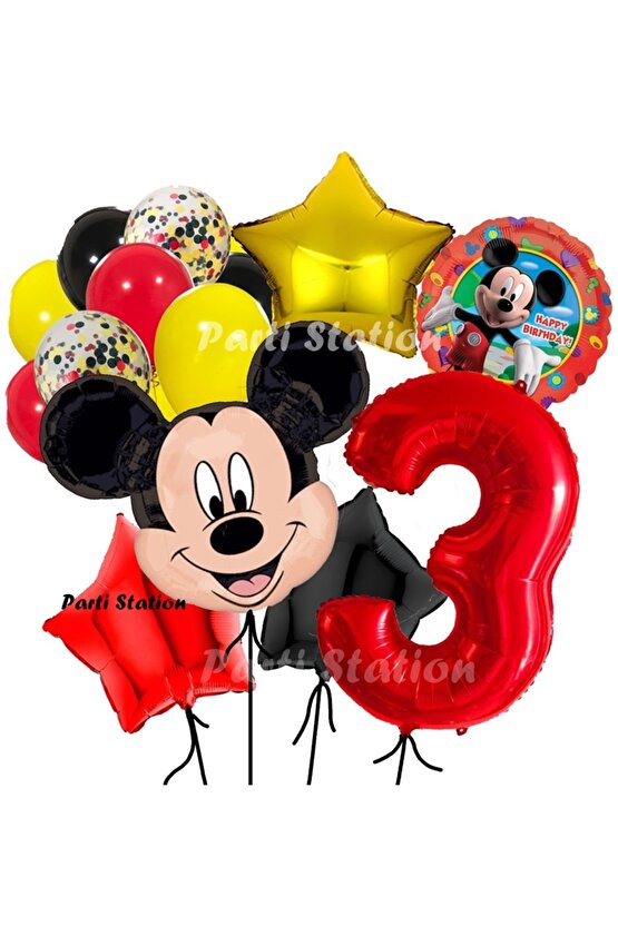 Mickey Mouse 3 Yaş Doğum Günü Parti Balon Seti Fare Mickey Mouse Kırmızı Rakam Balon Konsept Set