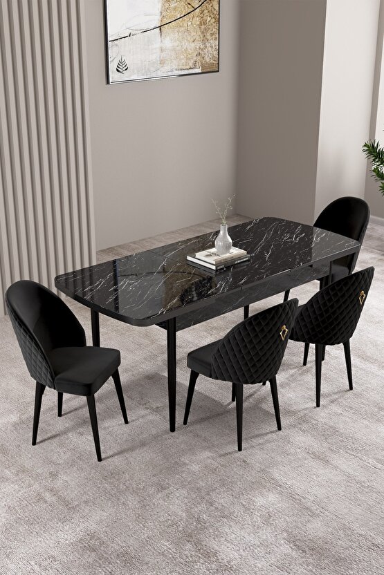 Milas Siyah Mermer Desen 80x132 Mdf Açılabilir Yemek Masası Takımı 4 Adet Sandalye