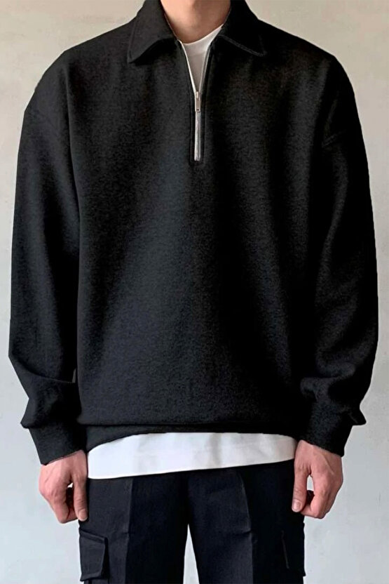 Erkek Polo Yaka Siyah Oversize Sweatshirt