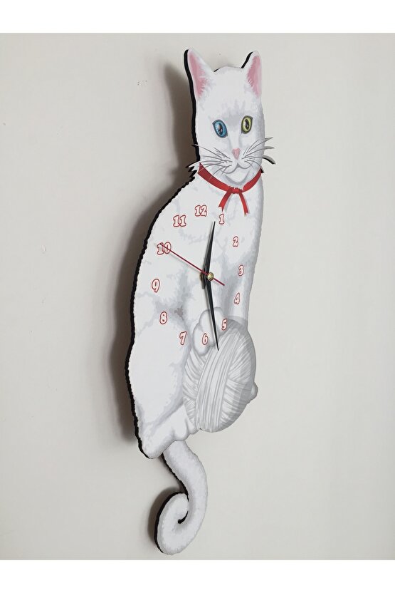 Beyaz Kedi Dekoratif Sallanır Sarkaçlı Duvar Saati