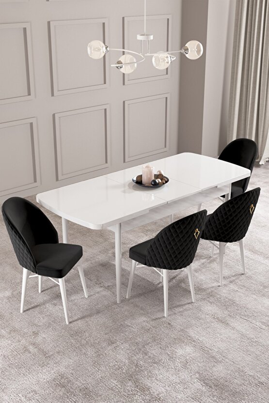 Calvin Beyaz 80x132 Mdf Açılabilir Yemek Masası Takımı 4 Adet Sandalye