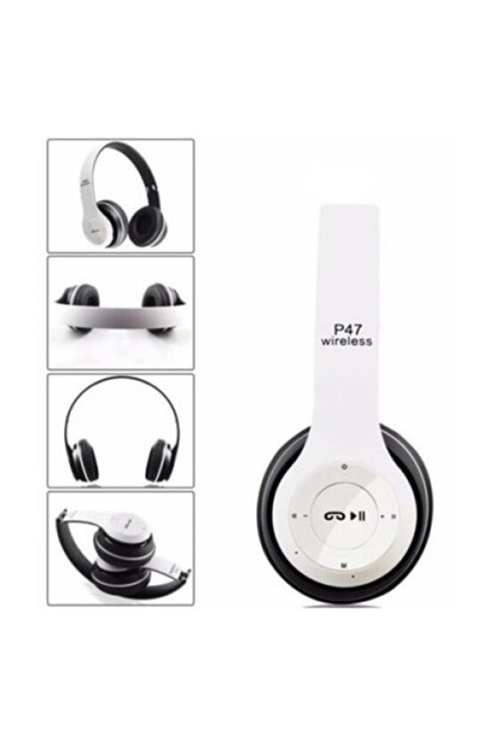 P47 Kablosuz Bluetooth Kulaklık Yükses Ses Ve Bass Fm Radyo Beyaz