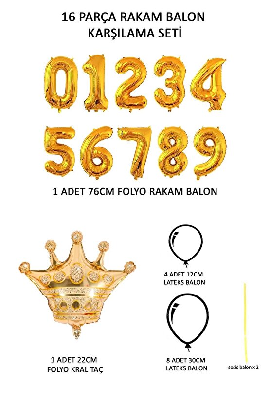 Rakam Balon Karşılama Seti 6 Yaş Rakam Balon Altın Kral Taçlı 6 Rakamlı Balon