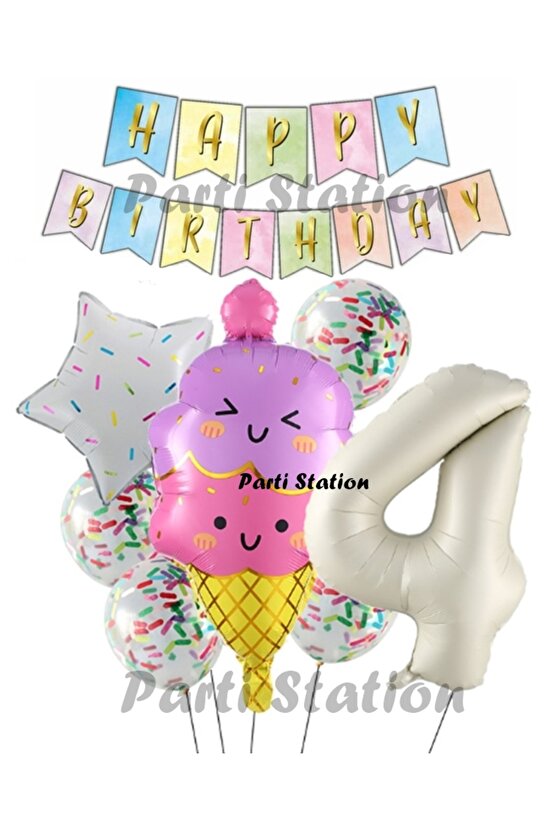 İce Cream Dondurma Konsept Doğum Günü 4 Yaş Balon Set Yaz Tema Sevimli Dondurma Folyo Balon Set