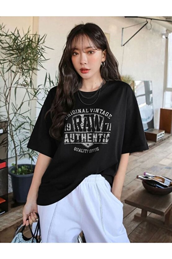 Kadın Oversize Original Vintage Baskılı Siyah Tshirt