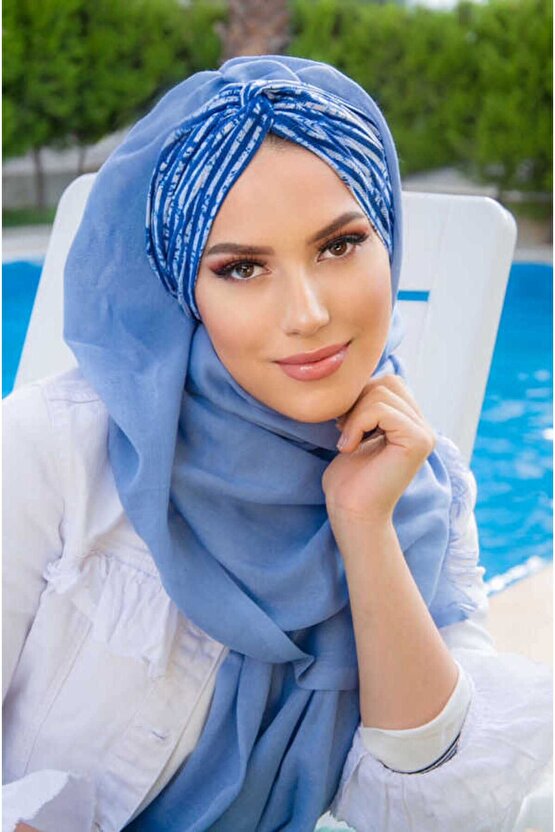 Indigo Çizgili Büzgülü Hazır Şal - 50601